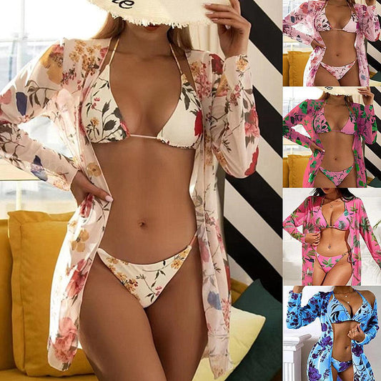 New Swimsuit Women's Printed Mesh Three-piece Blouse CJ