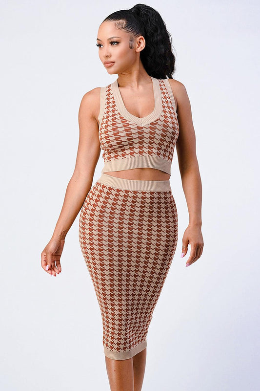 Luxe Gingham Rib Knit Top And Skirt Sets CCWHOLESALECLOTHING