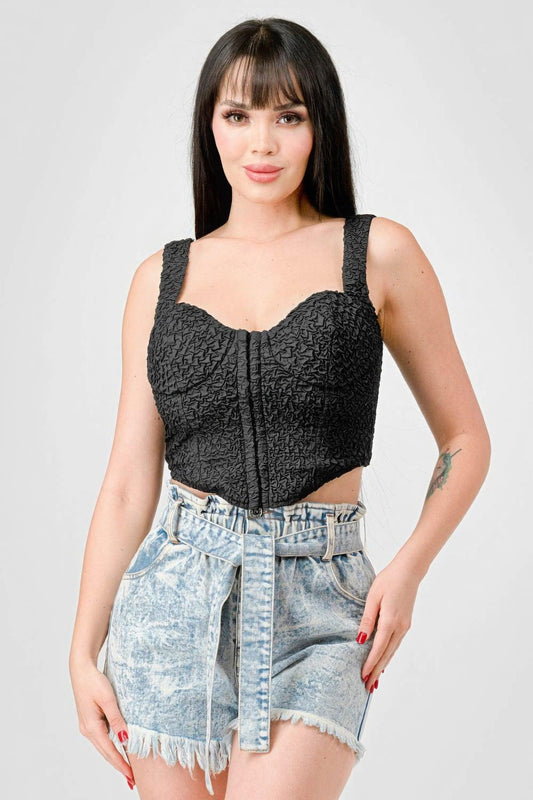 Crinkle Stretch Knit Sweetheart Hooked Bustier Cropped Top Mr Lou’s Place