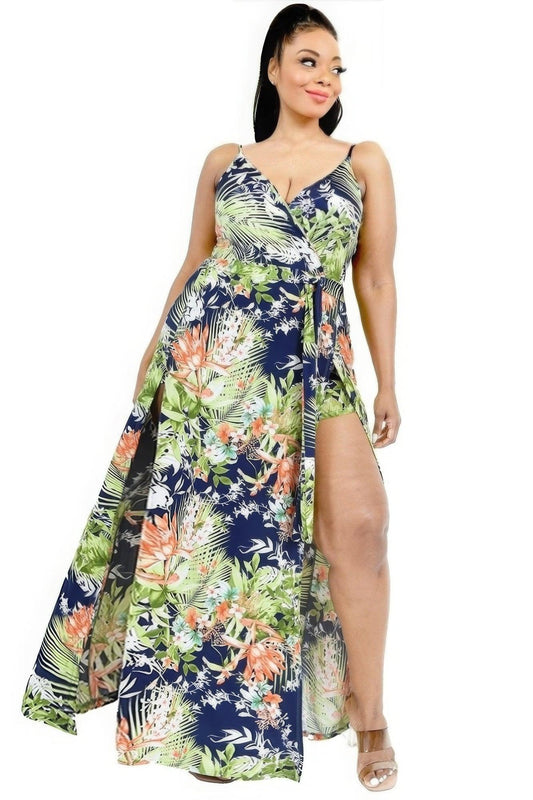 Plus Tropical Leaf Print Surplice Maxi Dress CCWHOLESALECLOTHING