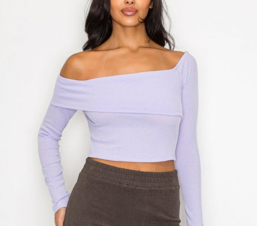 Bardot ribbed long sleeve crop top