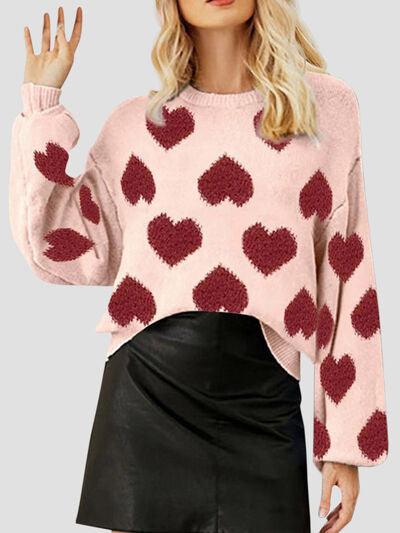 Heart Round Neck Dropped Shoulder Sweater Trendsi