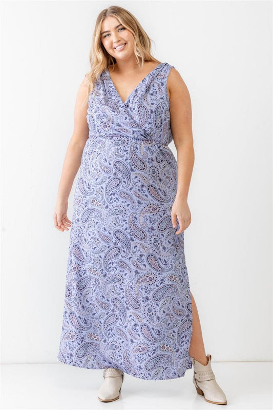 Plus Lavender Paisley Wrap V-neck Sleeveless Midi Dress CCWHOLESALECLOTHING