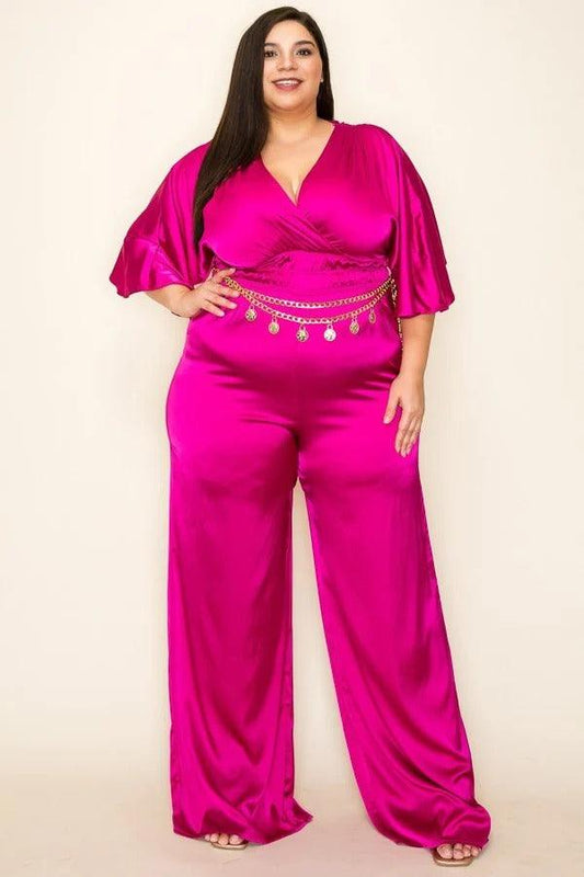 Satin Wrap Front Short Sleeve Smocked Waist Jumpsuit Mr Lou’s Place