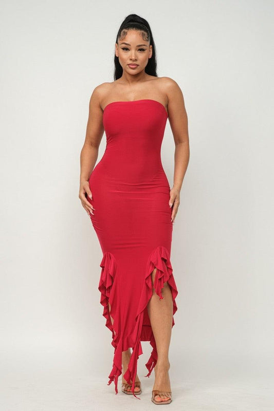 Solid Bottom Ruffle Trim Hem Slit Tube Maxi Dress Trendsi