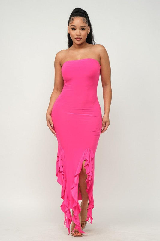 Solid Bottom Ruffle Trim Hem Slit Tube Maxi Dress Mr Lou’s Place