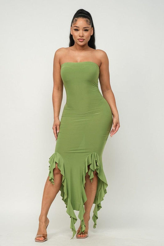 Solid Bottom Ruffle Trim Hem Slit Tube Maxi Dress Mr Lou’s Place