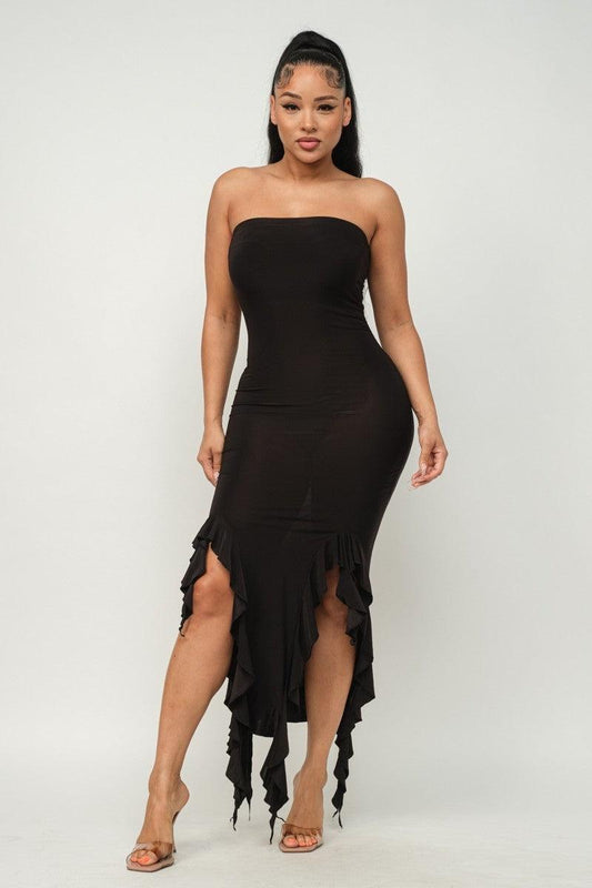 Solid Bottom Ruffle Trim Hem Slit Tube Maxi Dress Mr Lou’s Place