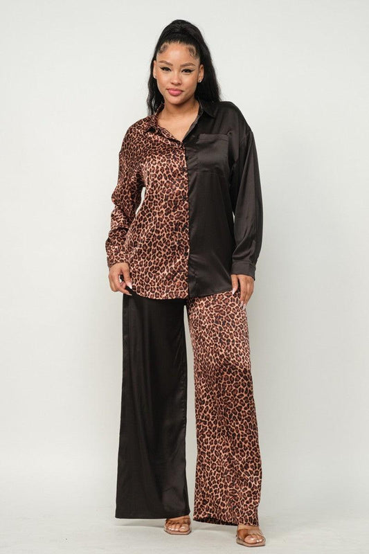 Half Animal Print And Half Solid Top And Pants Set Mr Lou’s Place