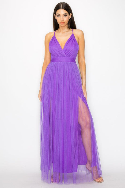 Pleated Mesh Slit Maxi Dress Mr Lou’s Place