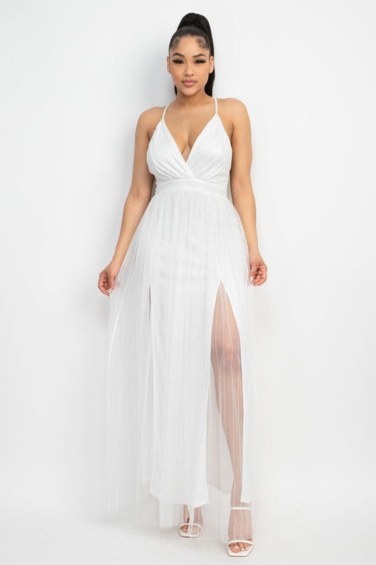 Pleated Mesh Slit Maxi Dress Trendsi