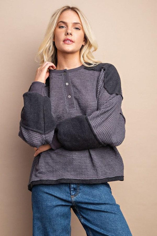 Waffle Knit And Fleece Contrast Henley Top With Button Front Mr Lou’s Place