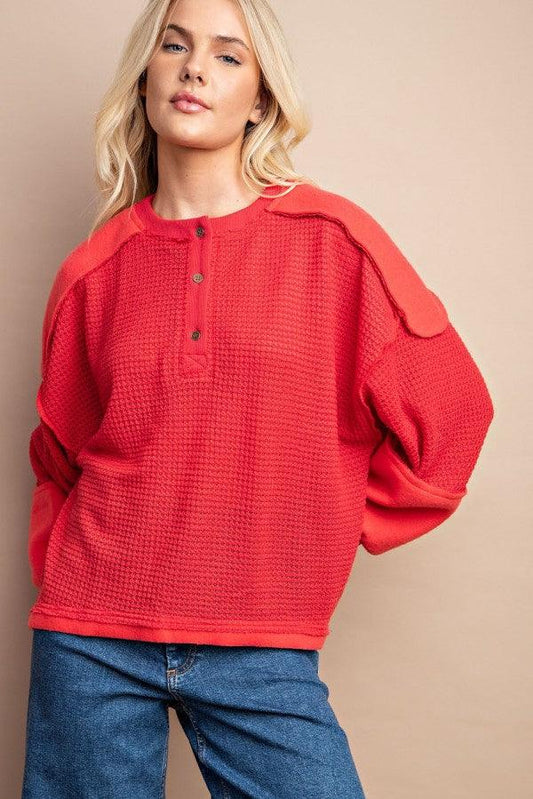 Waffle Knit And Fleece Contrast Henley Top With Button Front Mr Lou’s Place