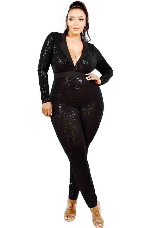 Plus Long Sleeve Sequin Deep V Neck Jumpsuit Mr Lou’s Place