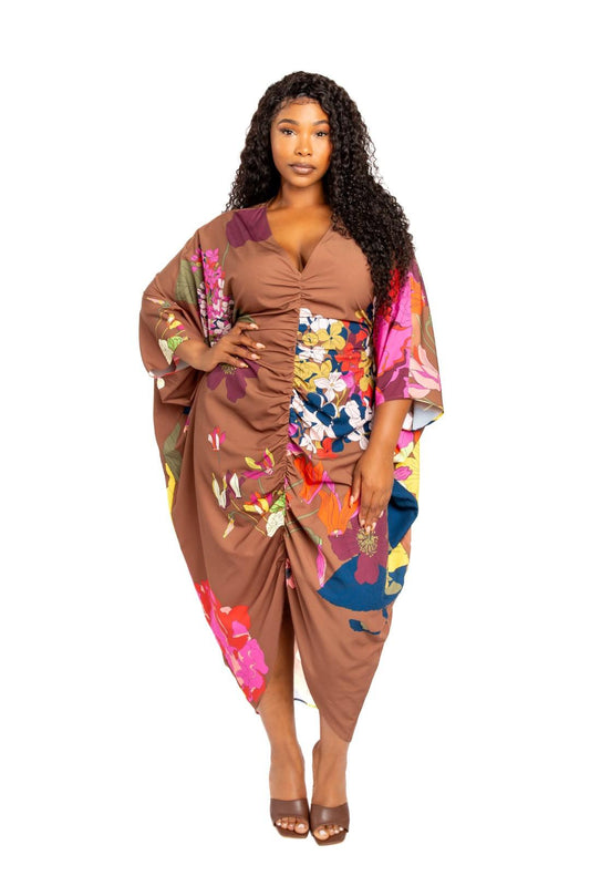 Printed Ruched Kaftan Dress With Inside Waist Tie Mr Lou’s Place