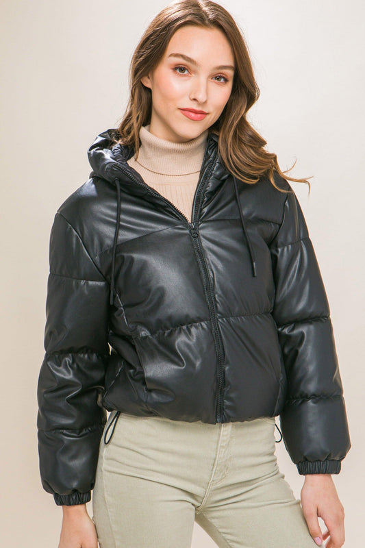 Pu Faux Leather Zipper Hooded Puffer Jacket CCWHOLESALECLOTHING